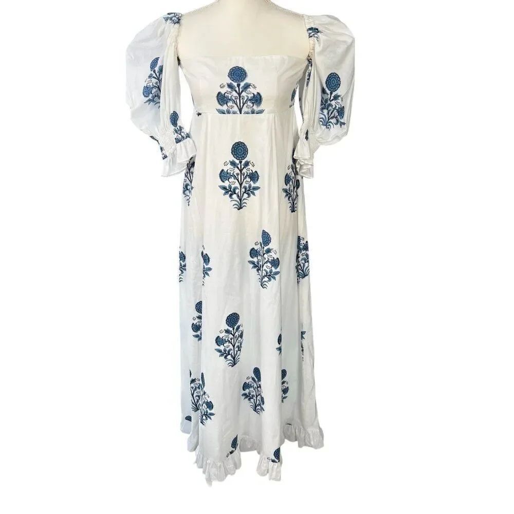 Neve & Noor NWT Elle Fleur De Saphir Midi Dress White and Blue Size XS
